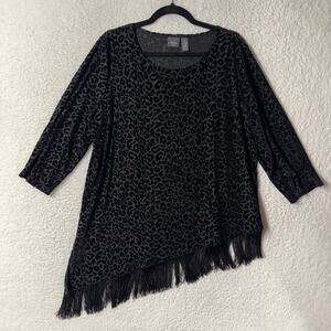 Chicos Travelers 3 XL Asymmetric Fringe Velvet Burnout Tunic USA Cheetah Fairy